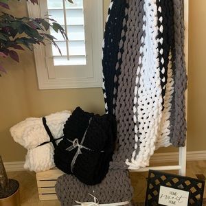 Large handmade chunky knit blanket in black,white,medium grey